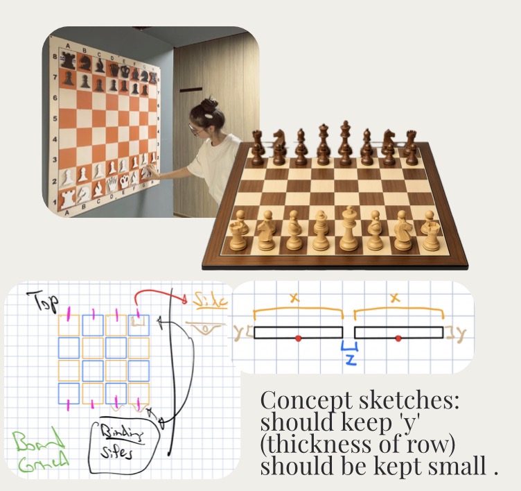 Reference photos of a wall-mounted chessboard concept and a standard 3D chess set